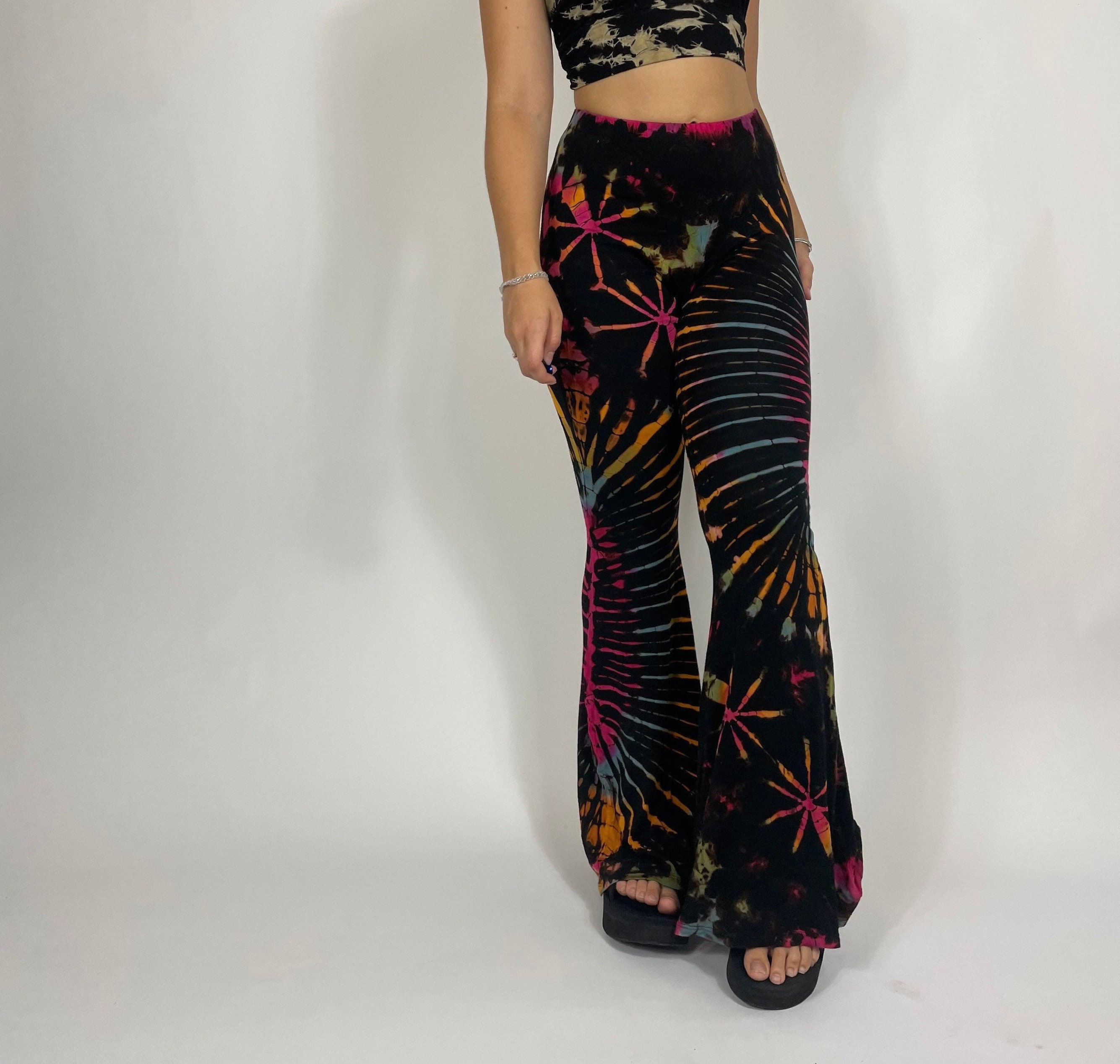 Arabella Flares in Black, Yoga Pants, 70s Pants, Tie Dye Hippie Pants 