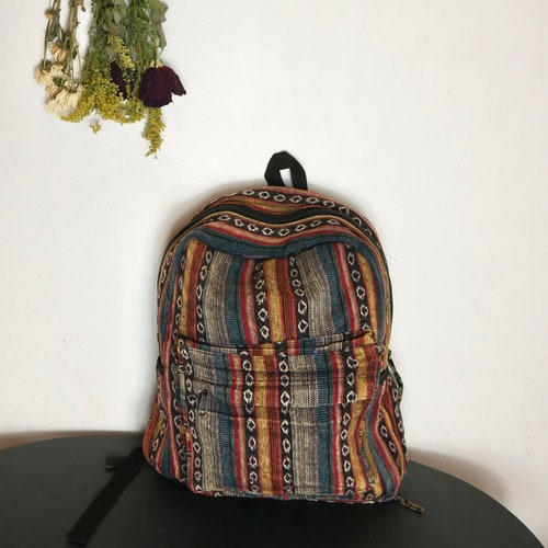 ShopEvelynne Striped Boho Embroidered Backpack in Brown and Multicolor Celebrity Daytrip Studded Vegan Leather Embroidered Fringe  main image 3