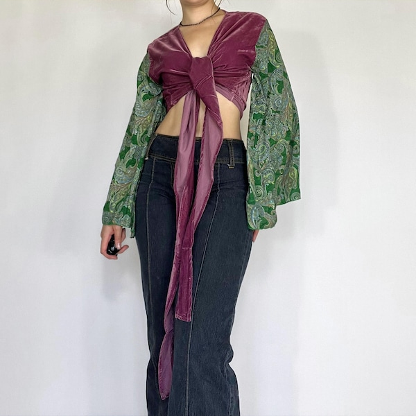 Velvet Vine Wrap Top, 70s hippie top, Earthy yoga top