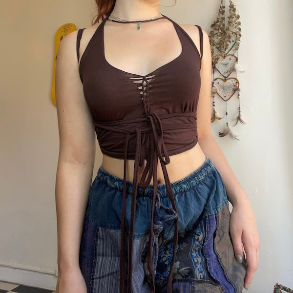 Luna Top in Brown, Subversive Top, Slit-weave Fairy Top, Y2K Top