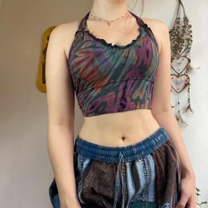 Iris Tie Dye Halter Crop Top: Rayon Spandex Blend, Lettuce Hem