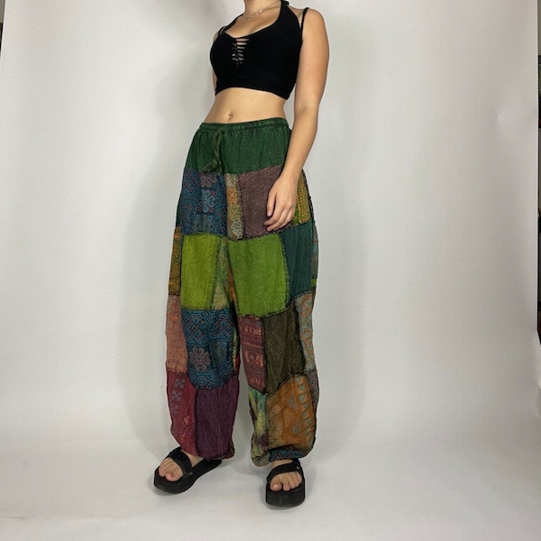 Pantalon Pandora en vert/pièces mélangées, pantalon hippie, sarouel, vêtements bohème, pantalon de yoga, pantalon patchwork