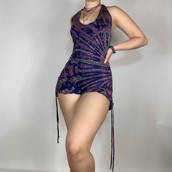 Sade Tie Dye Romper: Purple Boho Hippie Jumpsuit