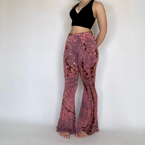 Arabella Flares in Pink, Festival Pants, Tie Dye Bohemian Leggings, 60s Pants