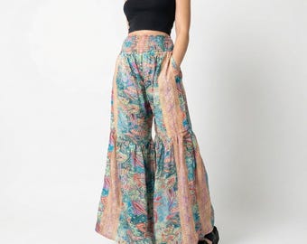 Pantalones Amara, pantalones bohemios de pierna ancha y fruncidos