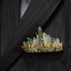Crystal Pocket Boutonniere,Pagan Moon and Leaf Suit Jewelry Groom Gift,Matching Bridal Sage Green Moss Agate Woodland Wedding Accessories
