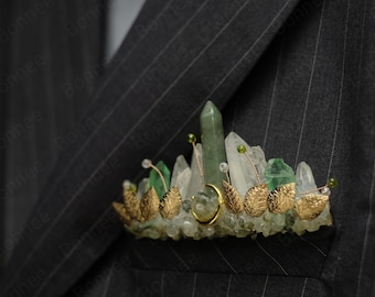 Crystal Pocket Boutonniere,Pagan Moon and Leaf Suit Jewelry Groom Gift,Matching Bridal Sage Green Moss Agate Woodland Wedding Accessories