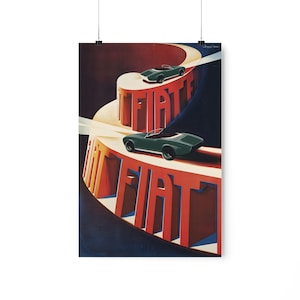 May include: A vintage poster advertising Fiat cars. The poster features two green Fiat cars driving on a red and white road that is shaped like the word "FIAT".