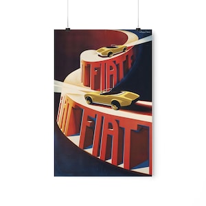 May include: A vintage poster advertising Fiat cars. The poster features a yellow Fiat car driving on a road made of the word "FIAT" repeated in red letters. The background is a dark blue.