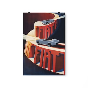 May include: A vintage poster advertising Fiat cars. The poster features two silver Fiat cars driving on a red and blue road that is shaped like the word "FIAT".