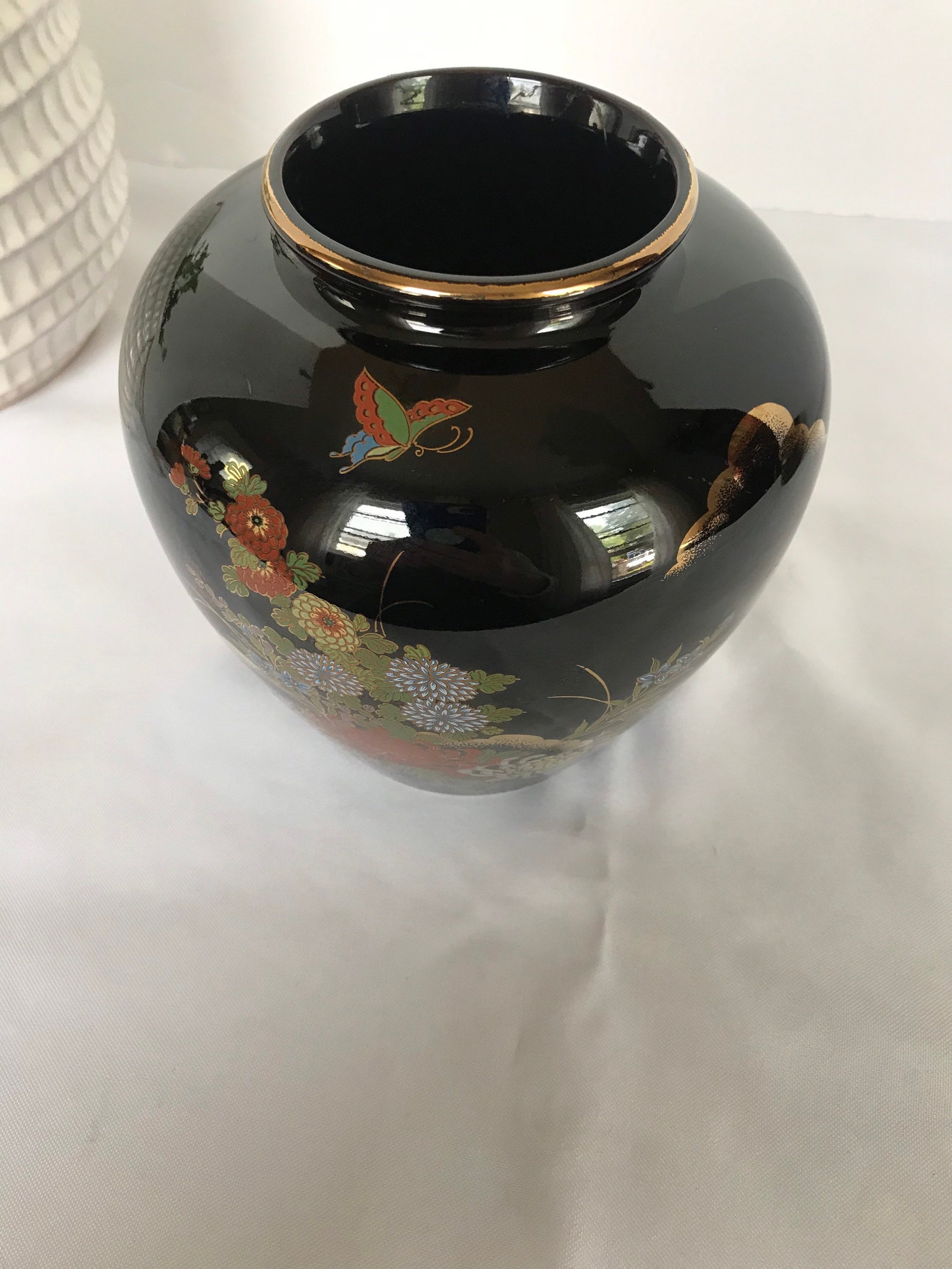 Vintage Yamaji Japanese floral butterfly fat round vase black Etsy