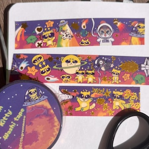 Nastro Washi con stampa di gatto alieno e tema spazio esterno in lamina d'oro