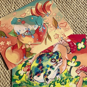 Peach and Mushroom Cute Frog A5 Prints