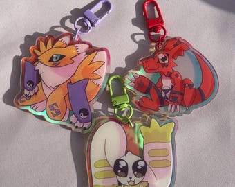 Digimon Tamers Renamon, Guilmon, Terriermon Double Sided Rainbow Acrylic Charm Keychain