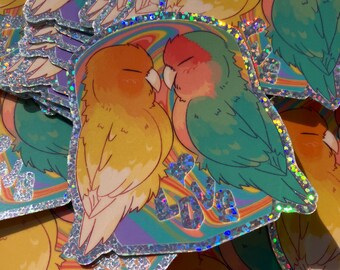 Lovebirds Holographic Sticker, Rainbow Birds Decal