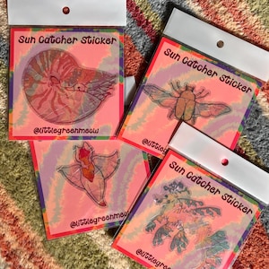 以下が含まれることがあります： 透明なプラスチックパッケージに入った4つのサンキャッチャーステッカー。各ステッカーは、オウムガイ、カブトムシ、花、植物のような形など、異なるデザインが特徴です。パッケージには「Sun Catcher Sticker」の文字が入ったピンク色の背景があります。