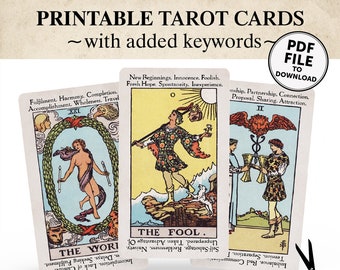 Printable Tarot Cards with Key Words | Tarot Deck | Learn Tarot the easy way | Tarot Flash Cards, PDF Digital File INSTANT DOWNLOAD to print