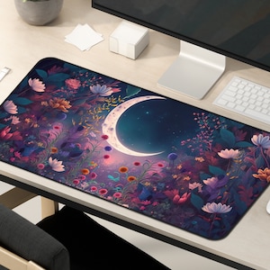 Moon Landscape Celestial Desk Mat, Desk Pad, Flower Mountains Large Deskmat, Wicca Pagan Gift, Nature Mat New Age Gothic Mouse Pad Mat