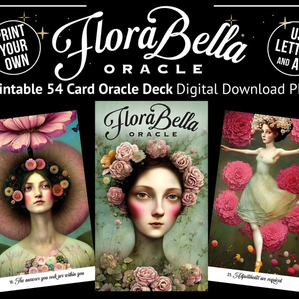 Printable Oracle Card Deck, PDF Digital File Instant Download, ‘FloraBella’ 54 Oracle Cards featuring flowers and feminine sensuality