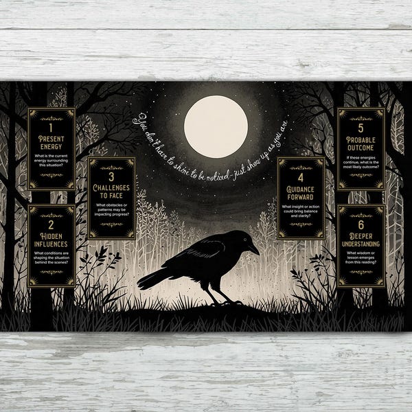 Tarot-altaardoek 6 uitgespreide kaarten, ontwerp kraai en maan, heidense Wicca-heks decor. Tarot, orakelkaartlezingen fluwelen stoffen mat