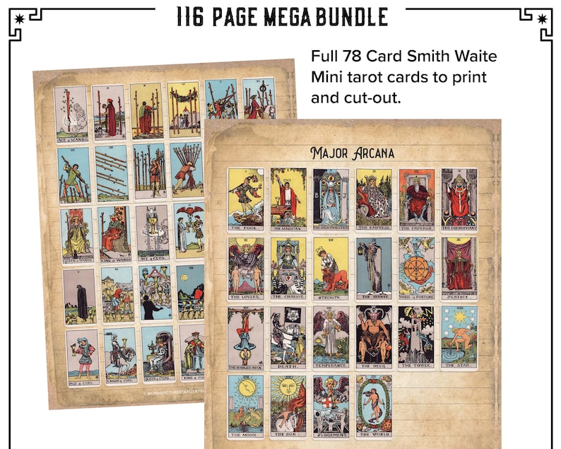 Tarot Journal, Printable Planner Workbook, 116 page MEGA BUNDLE PDF Daily Card Reading Spreads Pendulum Wheel, Mini Card Cutouts x78