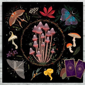 Tovaglia per altare dei tarocchi con falene, funghi e funghi. Mazzo di tarocchi Celestial Cottagecore per letture di tarocchi e carte dell'oracolo. Tessuto di velluto