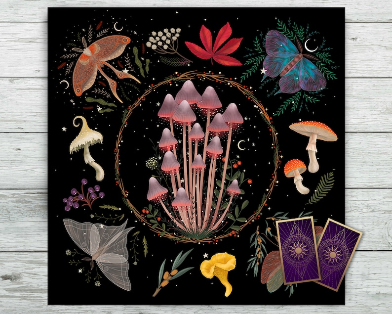 Tarot Altar Cloth with Moths, Mushrooms and Fungi. Celestial Tarot Deck for Tarot and Oracle Card Readings. Black Velvet fabric