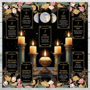 May include: A black tarot reading mat featuring nine rectangular card placement boxes labelled one through nine with questions. The design includes five lit candles on ornate holders, moon phases, and pink lotus flowers with gold foliage accents.