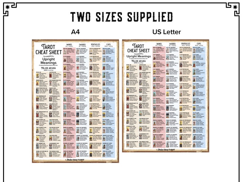 Tarot Cheat Sheet, Printable PDF instant download. Learn tarot the easy way. A4 and US Letter. Upright and Reverse Meanings included.