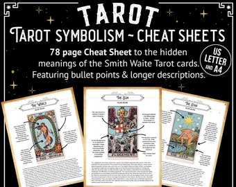 Tarot Card Symbolism 78 Page Cheat Sheets. Learn the hidden meanings behind each Smith Waite illustration 78 Page Guide with bullet points