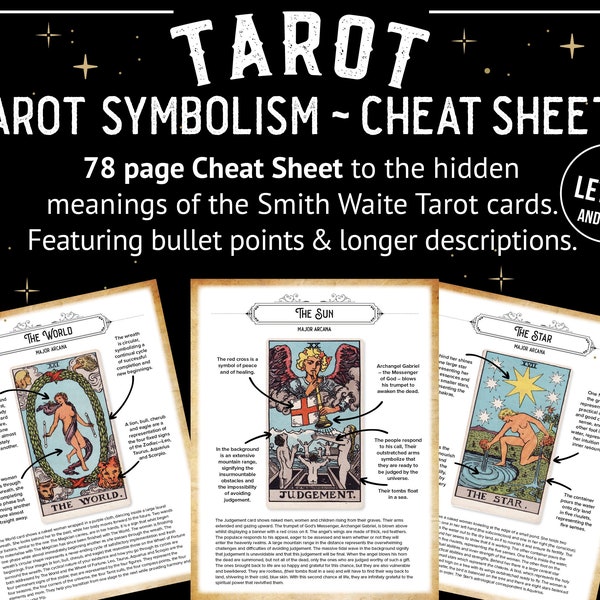 Tarot Card Symbolism 78 Page Cheat Sheets. Learn the hidden meanings behind each Smith Waite illustration 78 Page Guide with bullet points