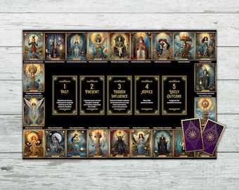 Peut inclure: Un étalement de cartes de tarot avec 28 cartes disposées sur un fond noir avec des accents dorés. Les cartes sont disposées en grille avec cinq colonnes et six rangées. Les cartes sont illustrées de diverses figures et symboles. L'étalement comprend cinq positions numérotées : 1 Passé, 2 Présent, 3 Influence cachée, 4 Conseil et 5 Résultat probable. Deux cartes supplémentaires sont placées à droite de l'étalement.