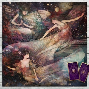Tarot Altar Cloth Fairy Angels Art Nouveau style. Pre-Raphaelite aesthetic Witch Pagan decor. Oracle Card Readings. Velvet Fabric Tarot Mat