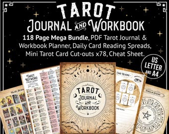 Diario de Tarot, Cuaderno de Planificación Imprimible, MEGA PAQUETE de 116 páginas en PDF con Tiradas Diarias de Cartas, Rueda del Péndulo y Mini Cartas Recortables (x78).