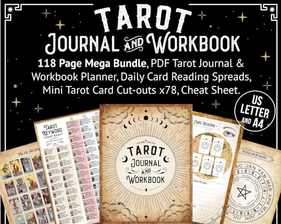 Tarot Journal, Printable Planner Workbook, 116 page MEGA BUNDLE PDF Daily Card Reading Spreads Pendulum Wheel, Mini Card Cutouts x78