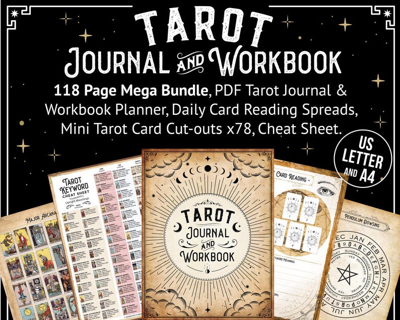 Tarot Journal, Printable Planner Workbook, 116 page MEGA BUNDLE PDF Daily Card Reading Spreads Pendulum Wheel, Mini Card Cutouts x78