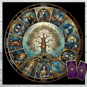 Tarot Altar Cloth with Zodiac Signs, Calendar Tree of Life. Celestial Tarot Deck for Tarot Oracle Card Reading. Black Velvet Fabric Desk Mat