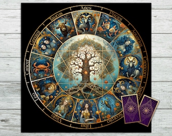May include: A circular zodiac wheel with a tree of life in the center. The wheel is divided into 12 sections, each representing a different zodiac sign. The signs are depicted with illustrations of the corresponding astrological symbols. The wheel is surrounded by a gold frame and a black background.