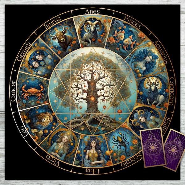 Tarot-altaardoek met sterrenbeelden, kalender levensboom. Celestial Tarot Deck voor het lezen van orakelkaarten. Mat van zachte fluwelen stof