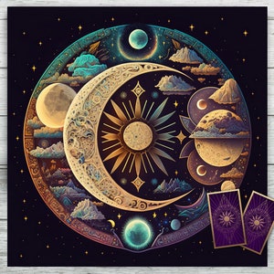 Tarot Tuch mit Mond Sonne und Sternen. Celestial Tarot Deck Altar Tuch für Tarot und Orakel Karten Legungen. Wicca Pagan Weicher Samtstoff
