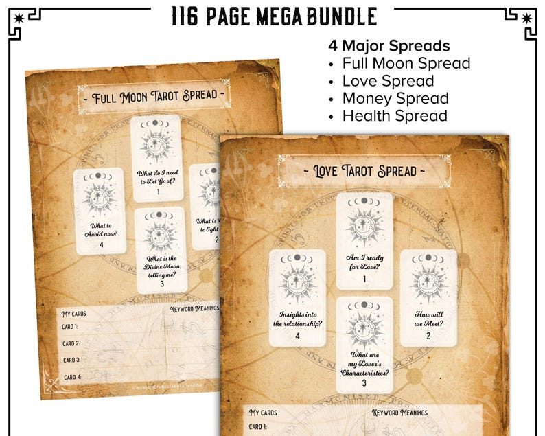 Tarot Journal, Printable Planner Workbook, 116 page MEGA BUNDLE PDF Daily Card Reading Spreads Pendulum Wheel, Mini Card Cutouts x78