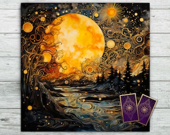 Tarot Altar Cloth. Celestial Moon Sun design with Trees, Stars, Mountains and River. Oracle, Wicca Witch divination tool. Soft Velvet Fabric