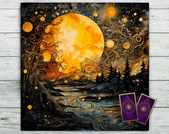 Tarot Altar Cloth. Celestial Moon Sun design with Trees, Stars, Mountains River. Oracle, Wicca Witch divination tool, Soft Velveteen Fabric