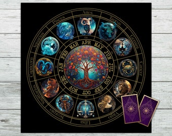 Tarot Altar Cloth with Zodiac Signs and Tree of Life. Celestial Tarot Deck for Tarot and Oracle Card Readings. Black Velvet Fabric Desk Mat