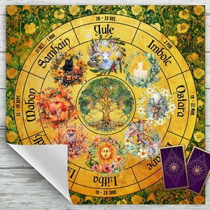Pode incluir: Uma roda circular amarela e dourada com oito se&ccedil;&otilde;es, cada uma representando uma &eacute;poca diferente do ano. A roda &eacute; decorada com imagens de animais, plantas e outros s&iacute;mbolos. O texto na roda inclui os nomes das oito esta&ccedil;&otilde;es, as datas de cada esta&ccedil;&atilde;o e os nomes dos feriados associados a cada esta&ccedil;&atilde;o.