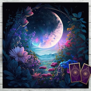 May include: A crescent moon shines brightly in a night sky, surrounded by a lush garden of purple, pink, and blue flowers. Two tarot cards with gold accents are placed in the bottom right corner of the image.