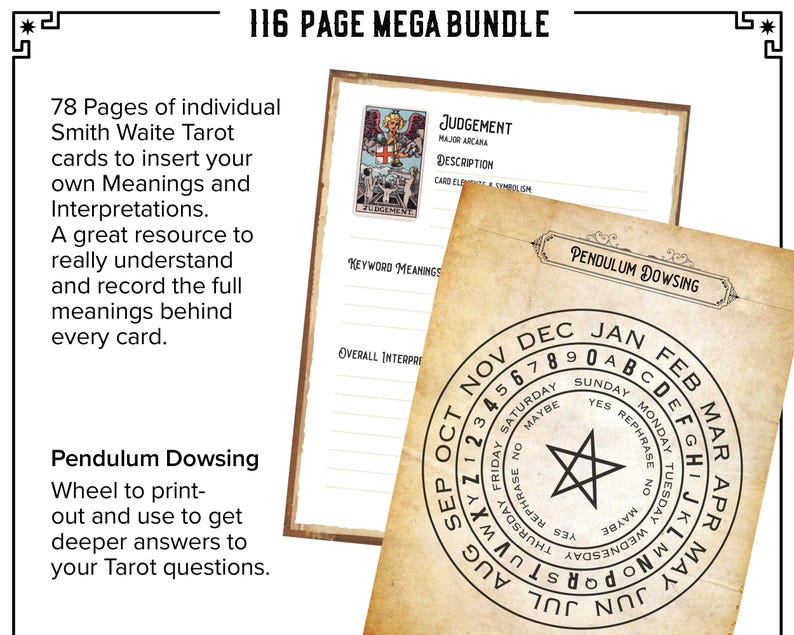 Tarot Journal, Printable Planner Workbook, 116 page MEGA BUNDLE PDF Daily Card Reading Spreads Pendulum Wheel, Mini Card Cutouts x78