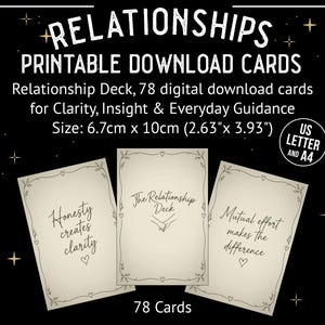 Op de afbeelding: Een set van 78 printbare relatiekaarten van 6,7 cm bij 10 cm. De kaarten hebben een crèmekleurige achtergrond met zwarte tekst en decoratieve randen. De tekst bevat 'RELATIONSHIPS', 'The Relationship Deck', 'Honesty creates clarity' en 'Mutual effort makes the difference'.