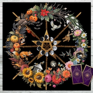 Nappe d'autel du tarot, lecture de cartes Oracle, cadeau païen, saisons printemps été automne hiver, lièvre, pentagramme pentagramme phases de lune, animaux