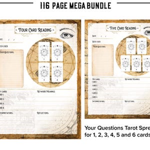 Tarot Journal, Printable Planner Workbook, 116 page MEGA BUNDLE PDF Daily Card Reading Spreads Pendulum Wheel, Mini Card Cutouts x78